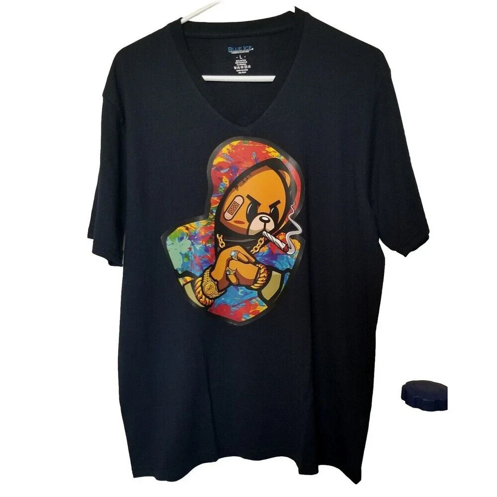 Mens Tshirt Navy Blue Bear Gangster Rapper Smoking Graphic Large Vneck NWT